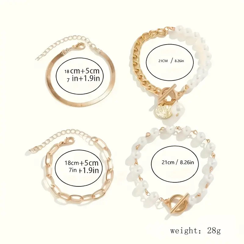 Chic Arany 4-Piece Karkötő Készlet - Snake, Gyöngyök & Links | Arany