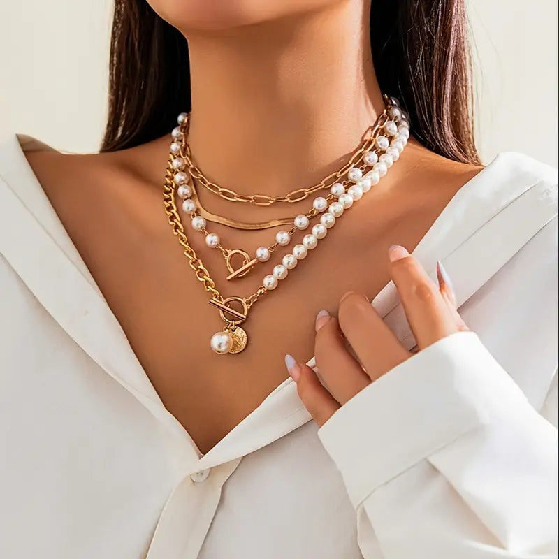 Vintage Gyöngy & Arany Snake Chain Nyaklánc Készlet | Arany