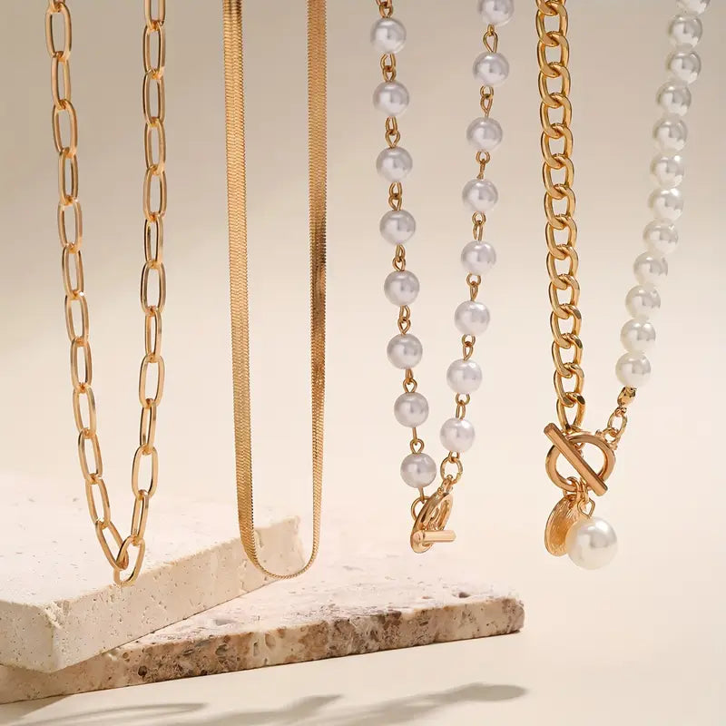 Vintage Gyöngy & Arany Snake Chain Nyaklánc Készlet | Arany