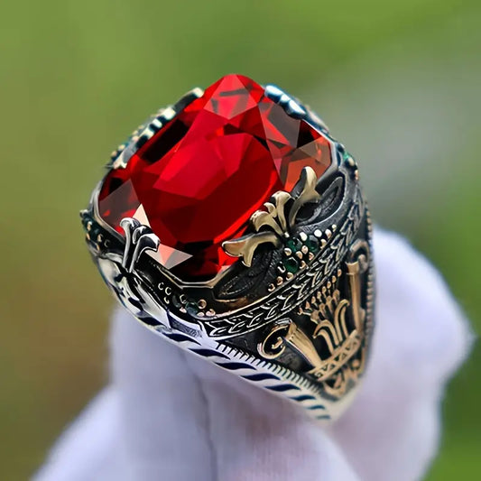 Ezüst Rubin Ornate Signet Gyűrű