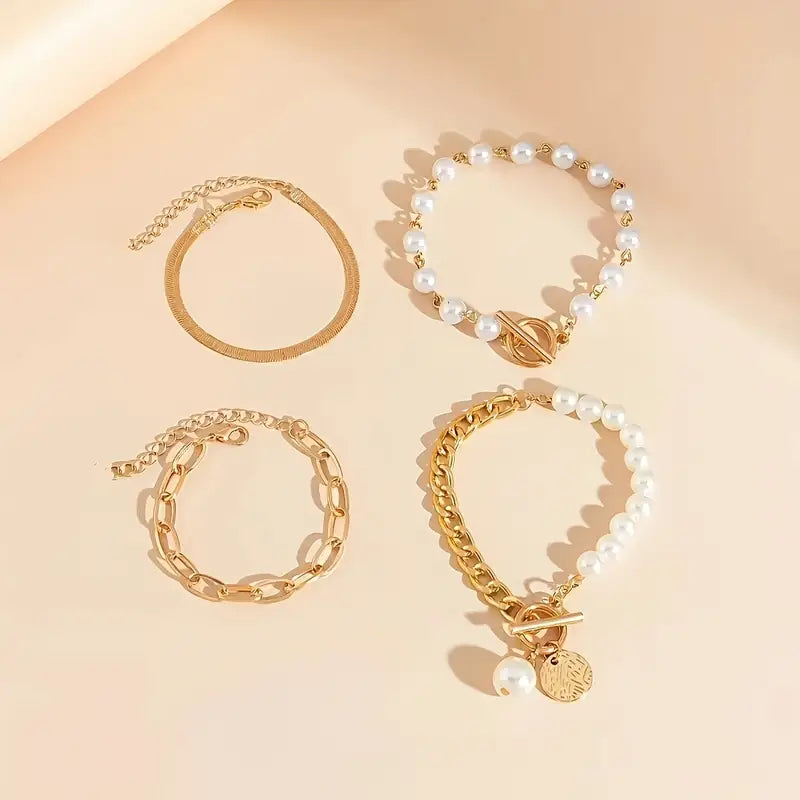 Chic Arany 4-Piece Karkötő Készlet - Snake, Gyöngyök & Links | Arany