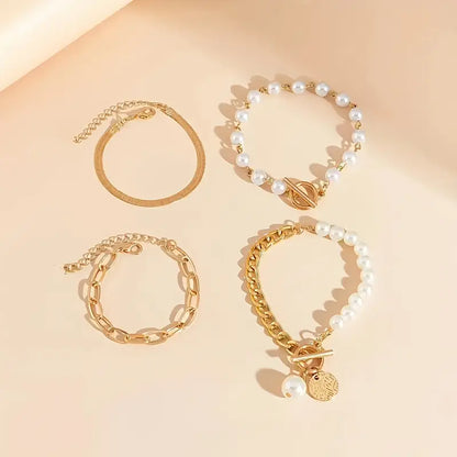 Chic Arany 4-Piece Karkötő Készlet - Snake, Gyöngyök & Links | Arany