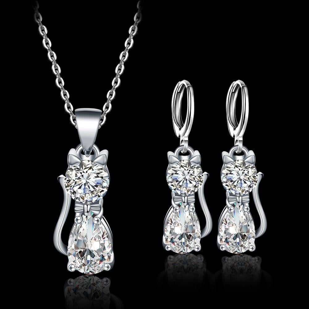 Készlet Nyaklánc + Fülbevaló Happy Cats in Sterling Ezüst and Polished Fehér Zirconium