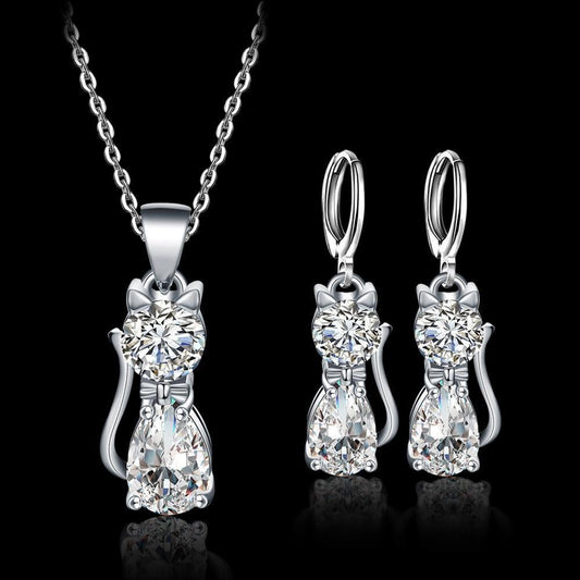 Készlet Nyaklánc + Fülbevaló Happy Cats in Sterling Ezüst and Polished Fehér Zirconium